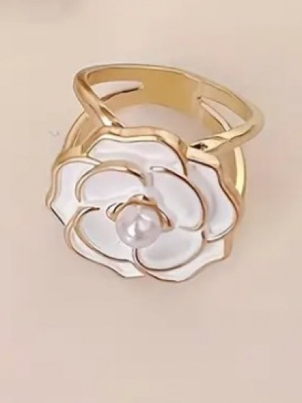 White Enamel Flower Scarf Ring with Pearl Accent